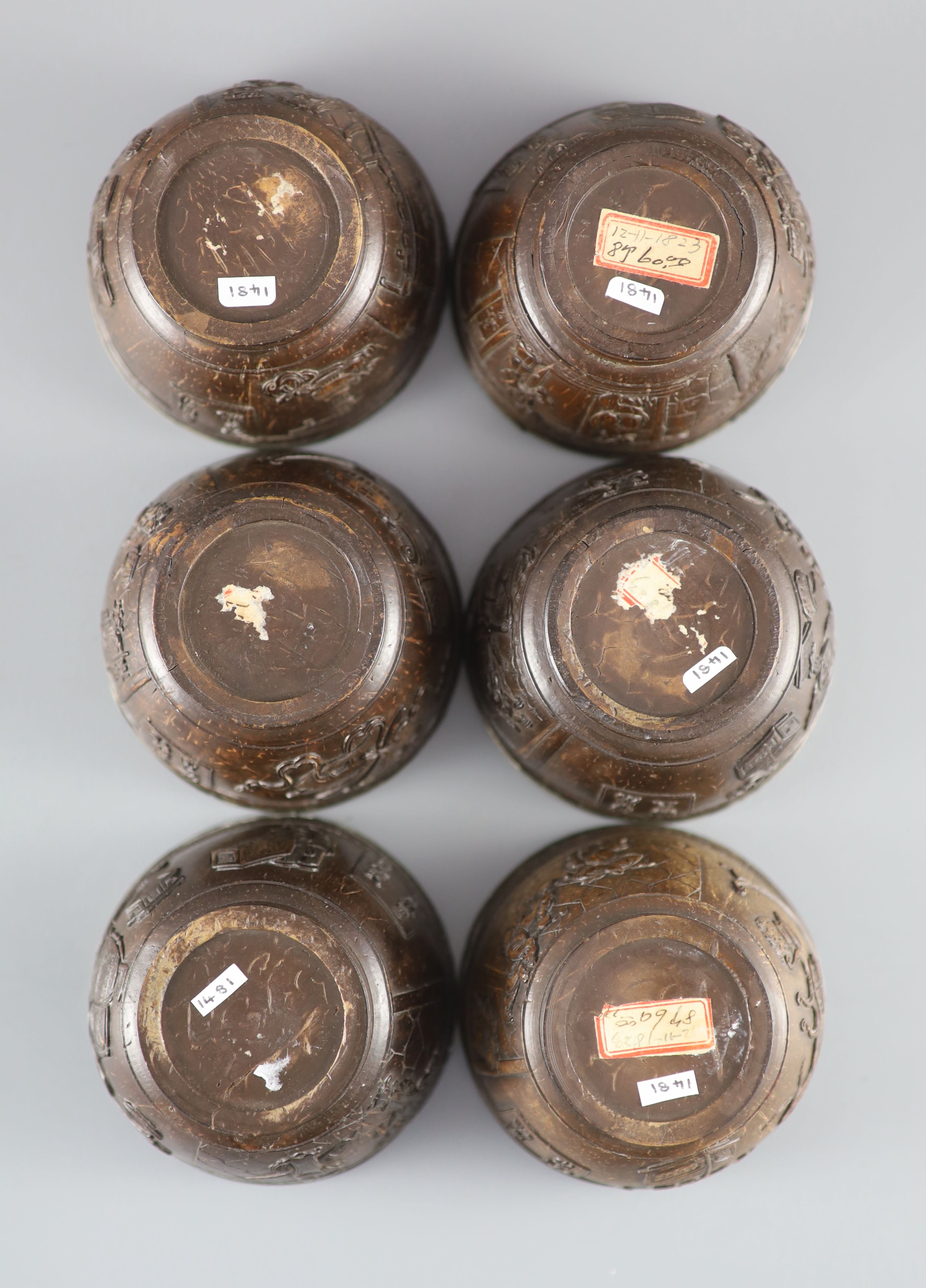A set of six Chinese coconut cups, 18th/19th century, 8.3 cm diameter